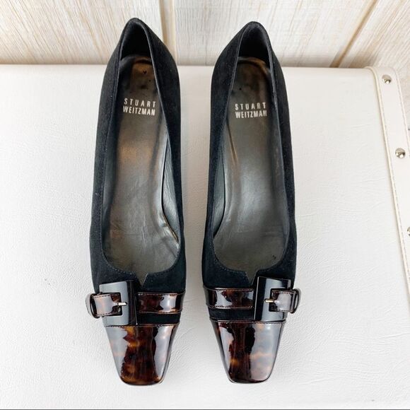 Stuart Weitzman Black Suede Low Heels Tortoise  Patent Toe Cap 8 Narrow - Picture 12 of 13